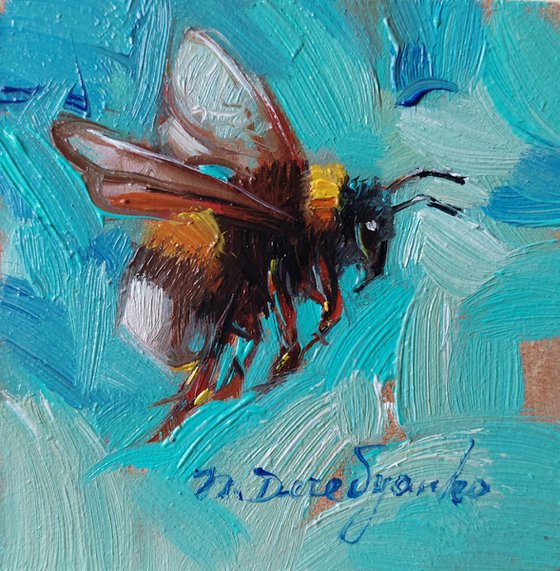 Bumblebee artwork blue turquoise oil painting original 3x3, Bumblebee home decor wall art mini painting funny gift - Born to bee real