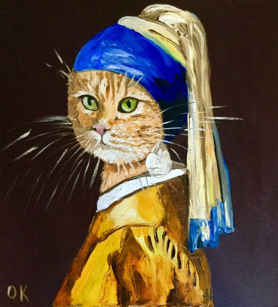 Cat with the pearl earring inspired by Vermeer painting modern home wall decor palette knife urban art feline art for cat lovers gift idea