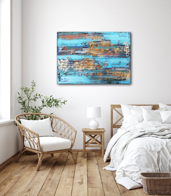 BLUE STREAM - 120 x 80 CM - TEXTURED ACRYLIC PAINTING ON CANVAS * BLUE * GOLD