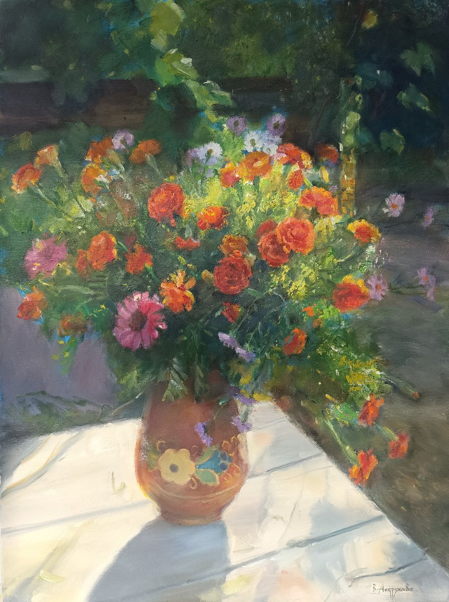 Impressionistic Still Life Oil Painting By Valentina Andrukhova, 18 X 24", Marigolds, Original Artwork