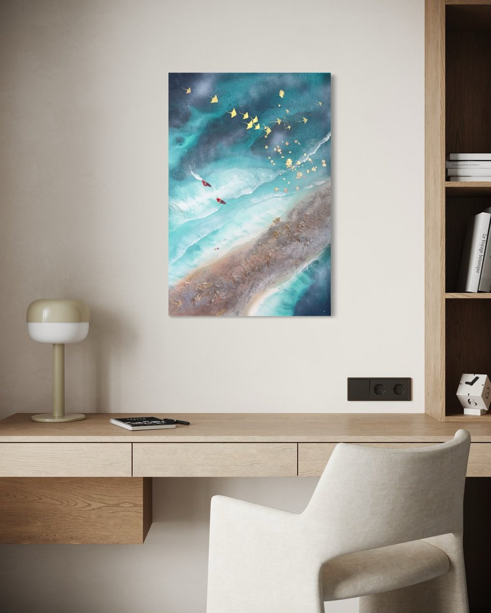  Teal Texture Seascape With Stingrays 1 90X60 By Marie Antuanelle, 24 X 35, Artwork For Sale On Artfinder