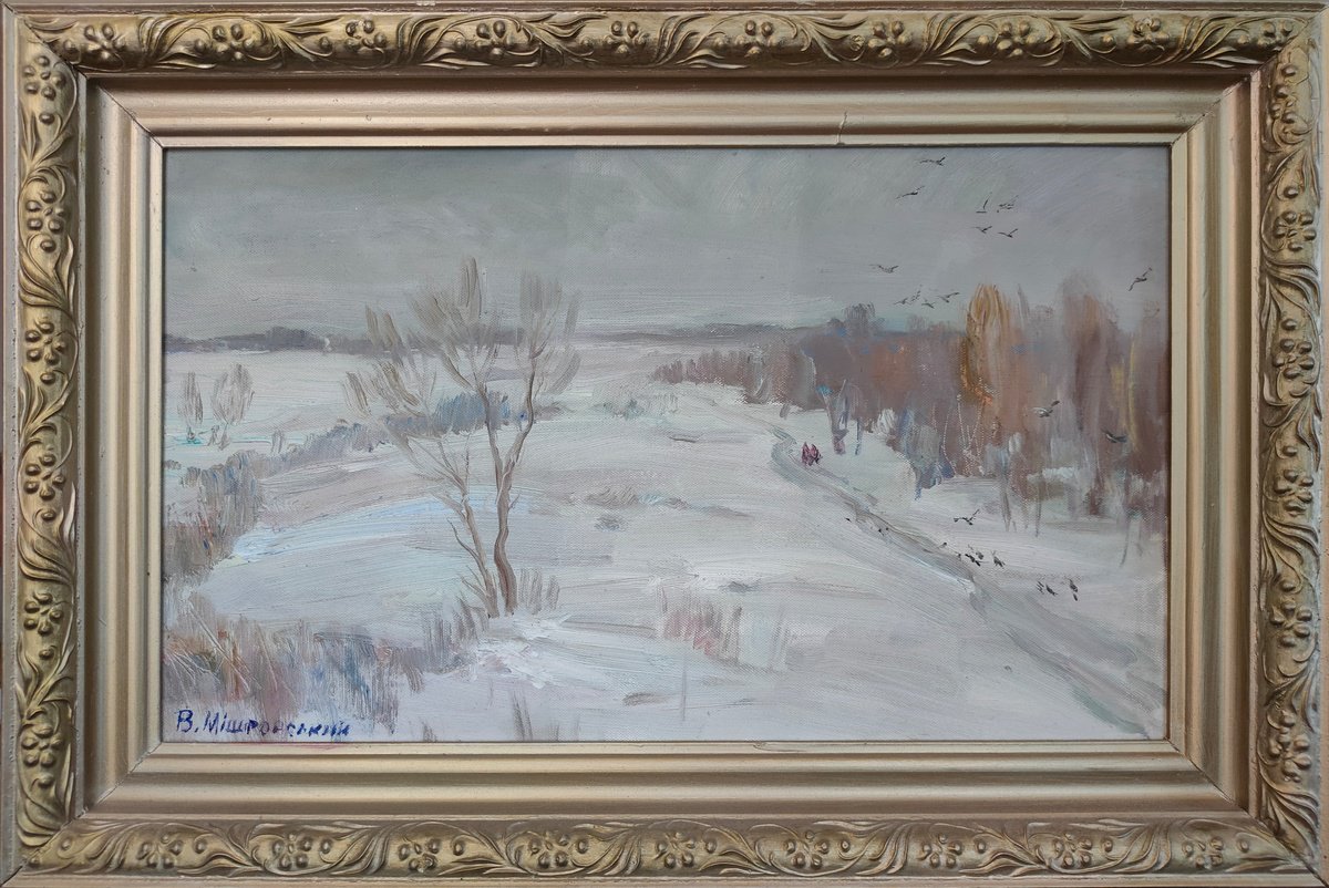Impressionistic Landscape Oil Painting By Viktor Mishurovskiy, 20 X 12", Winter Roand, Original Artwork