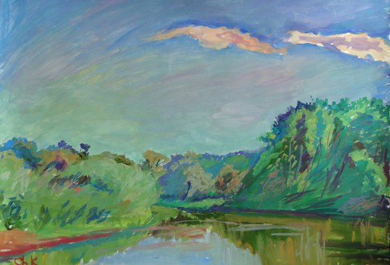 The sky over the river. Gouache on paper. 61 x 43 cm