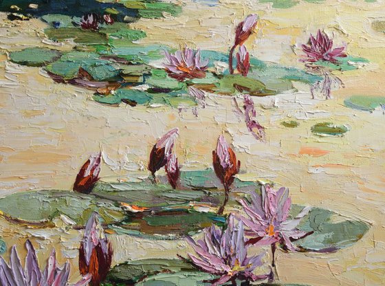 Water lilies Original Oil painting Free Shipping 95x75 cm