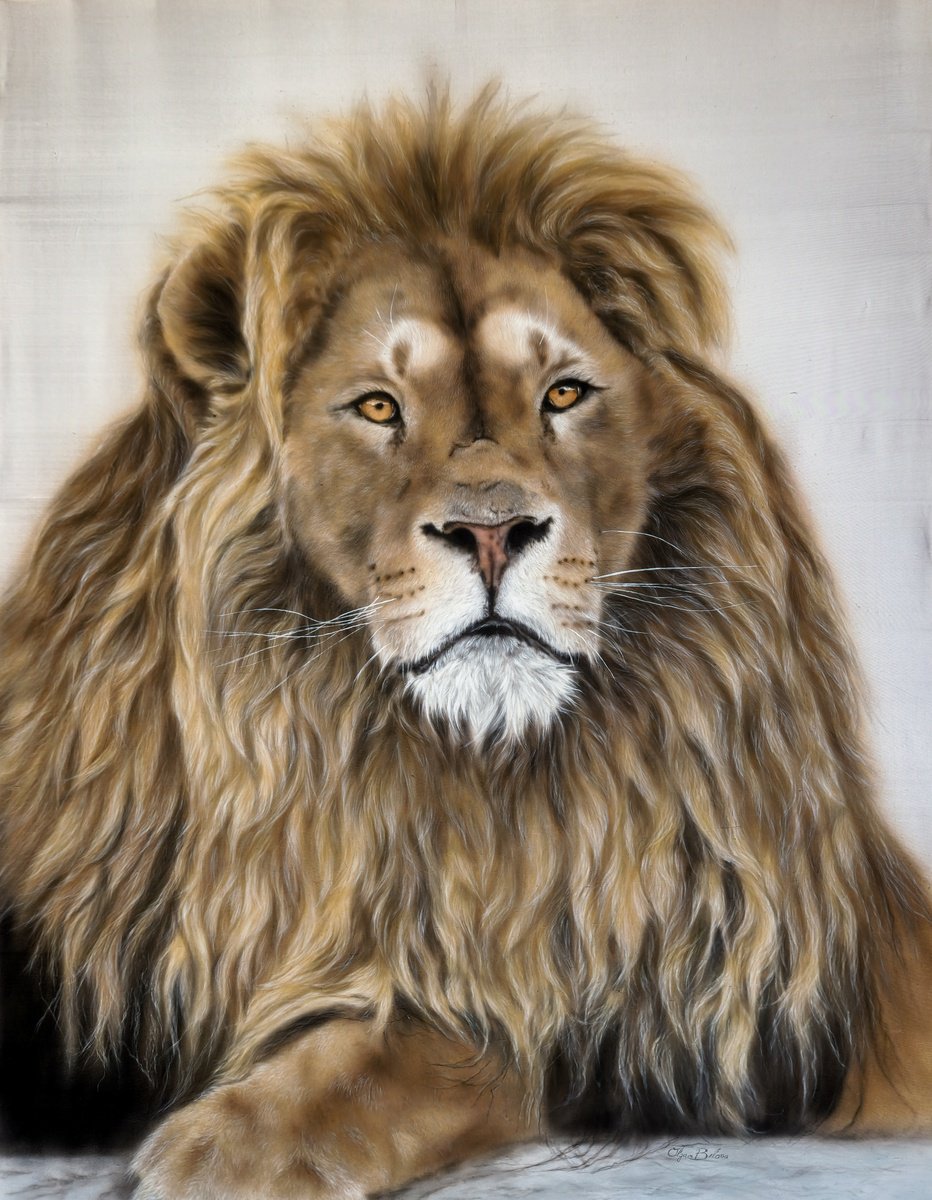 Contemplation - Silk painted Lion Portrait by Olga Belova