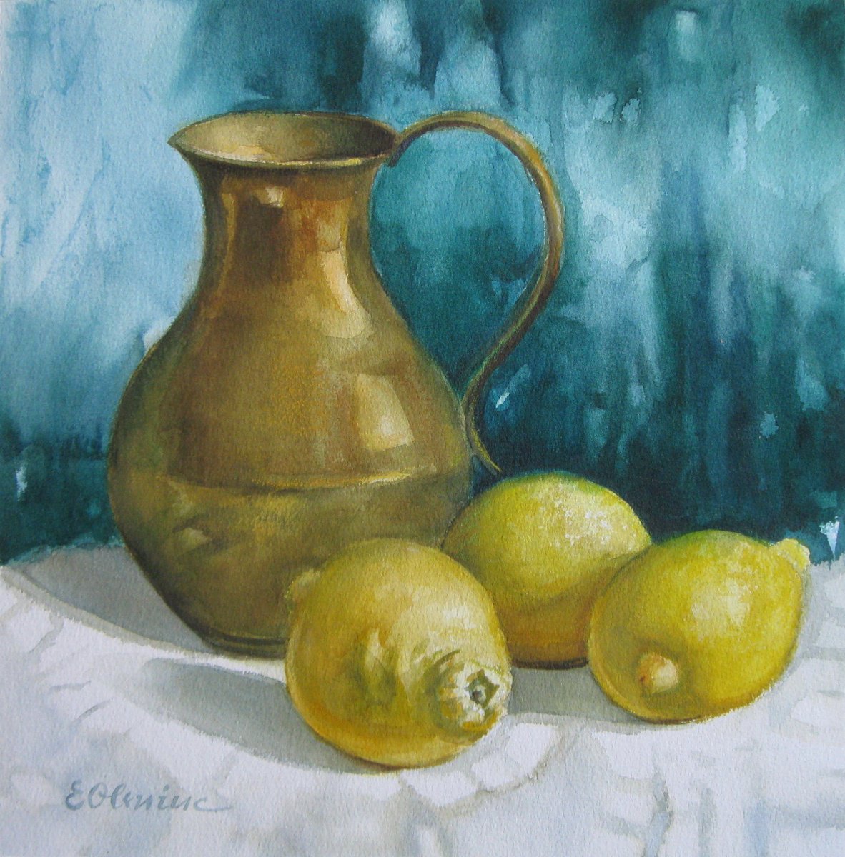 Impressionistic Still Life Watercolour By Elena Oleniuc, 14 X 14, Pot And Lemons, Original Artwork