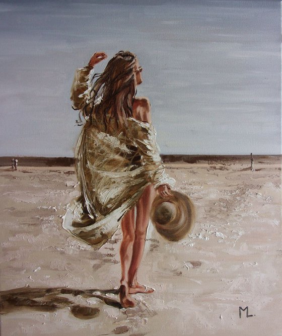 MONIKA LUNIAK " HELLO SUN :) "- SKY SEA SAND liGHt  ORIGINAL OIL PAINTING, GIFT, PALETTE KNIFE