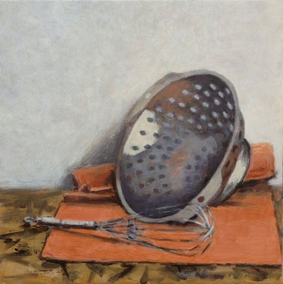 Still life with whisk and colander