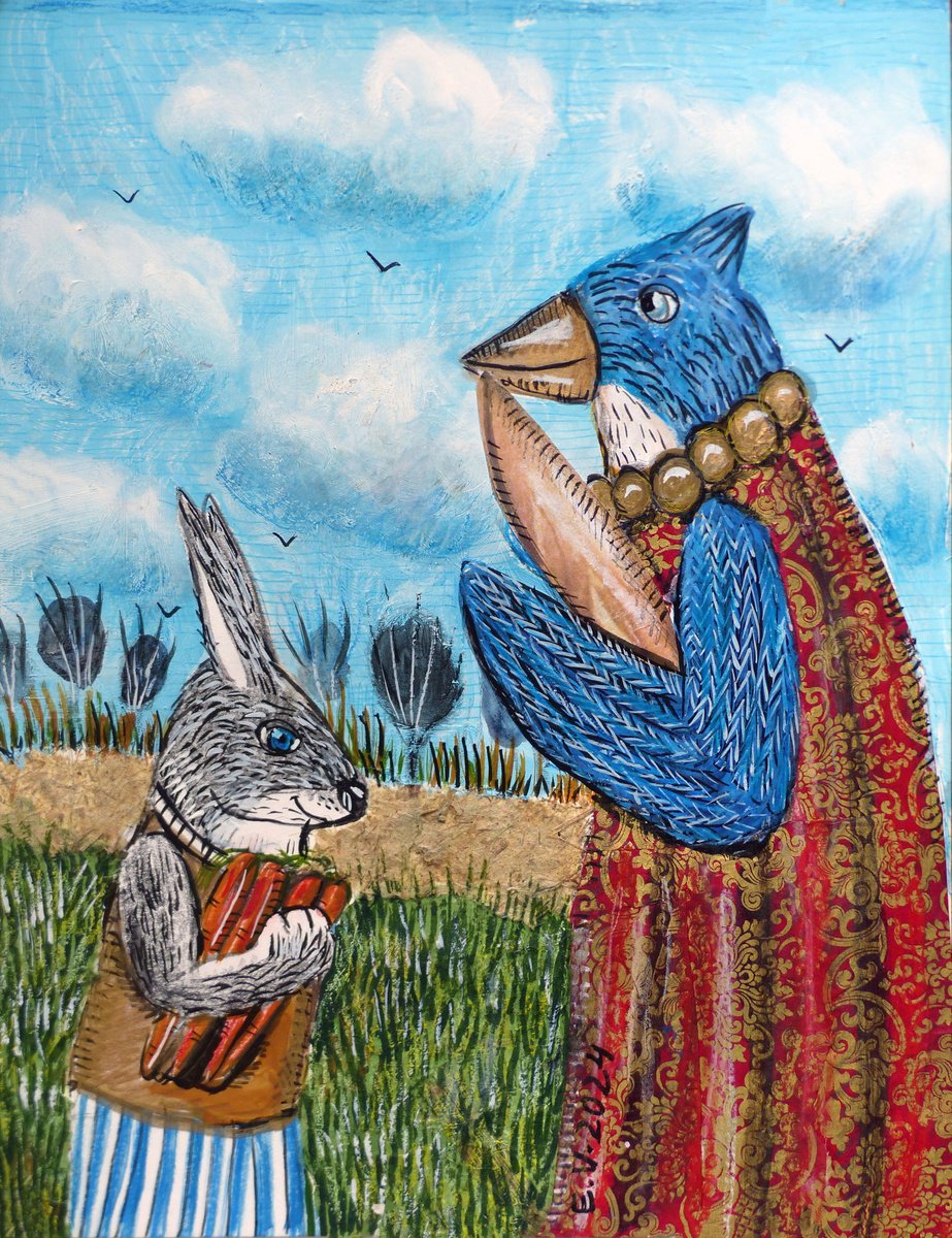 Surrealistic Animal Painting By Elizabeth Vlasova, 11 X 14, Meeting Old Friends, Original Artwork