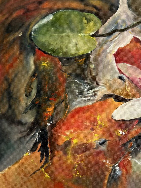 Koi Fish And Water Lily Original Oil Painting