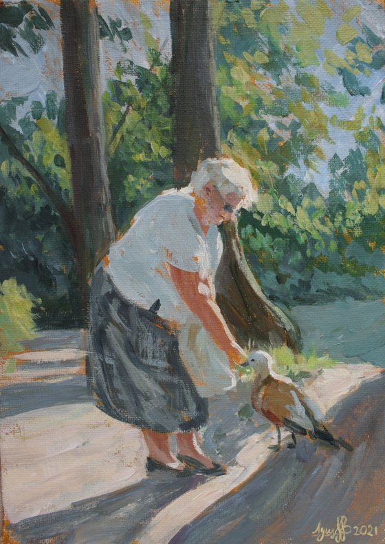 THE OLD LADY AND THE DUCK – original painting warm impressionistic summer