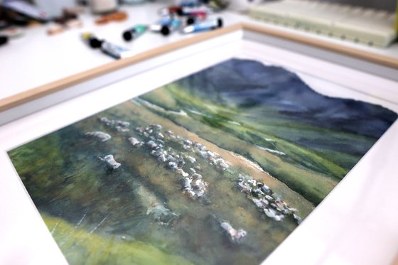 Herding sheep, Mont Blanc - Original Watercolor Painting