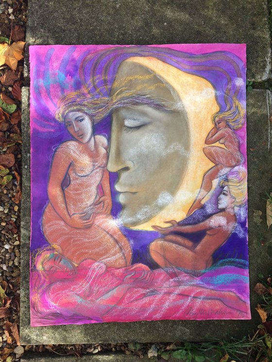 Adoration of the (man in the) Moon; pastel on English paper
