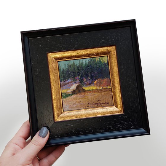Barn oil painting original, Landscape pine forest painting small art framed, Miniature painting guest gift