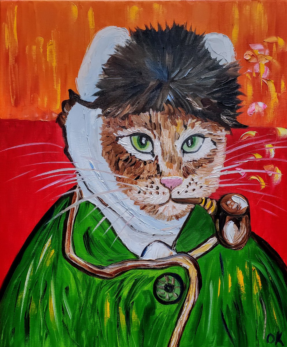 Cat Vincent Van Gogh with a pipe and missing ear. by Olga Koval