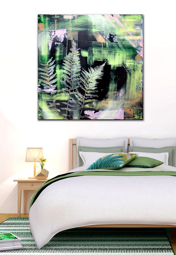 Abstract with Fern in Green and Pink