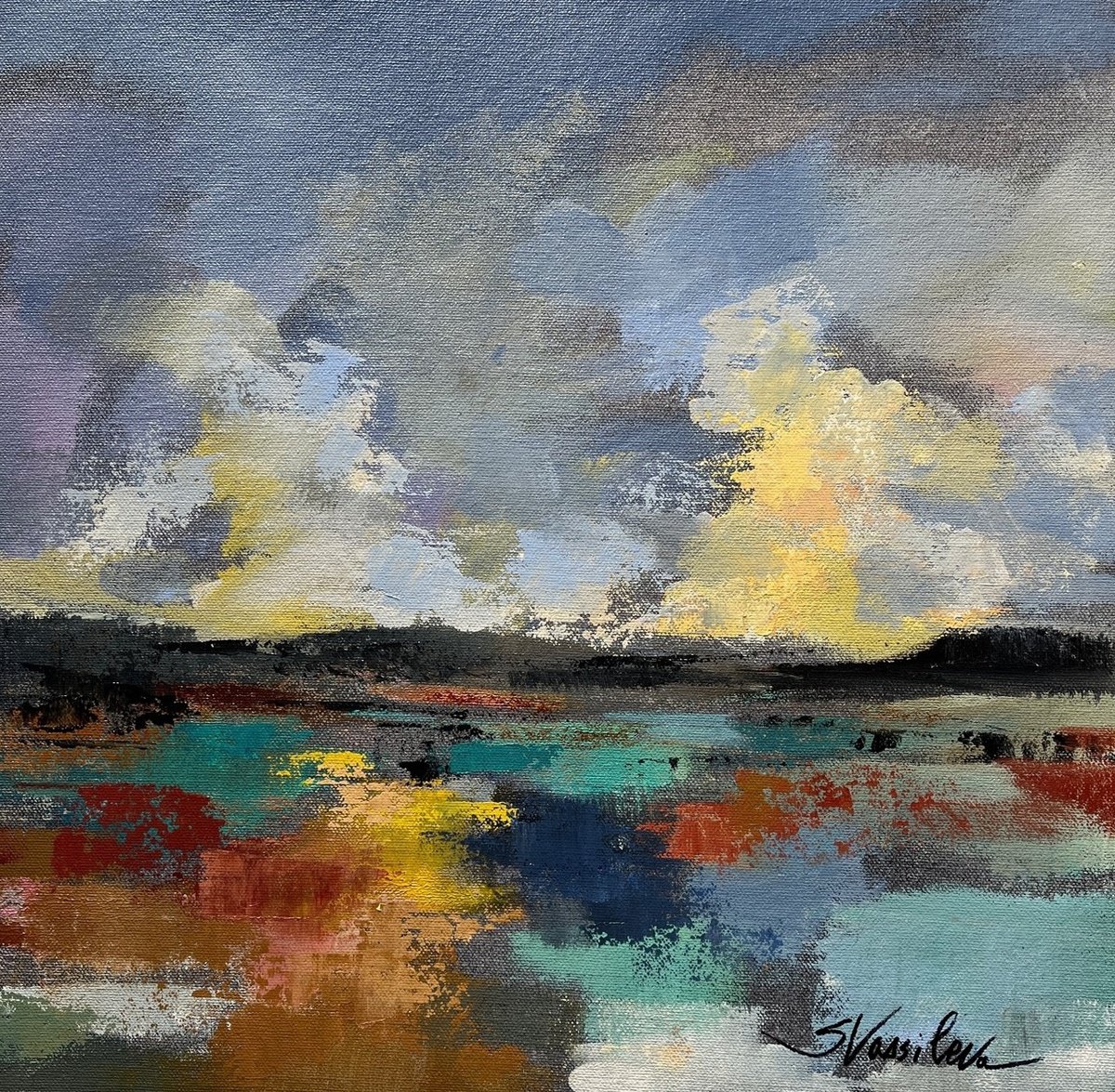 Expressive Landscape Acrylic Painting By Silvia Vassileva, 15 X 15", Del Mar Lagoon Ii, Original Artwork