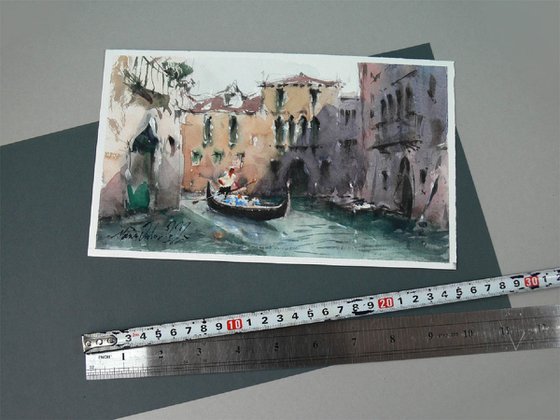 Venetian scene with gondola, original watercolout art painting.