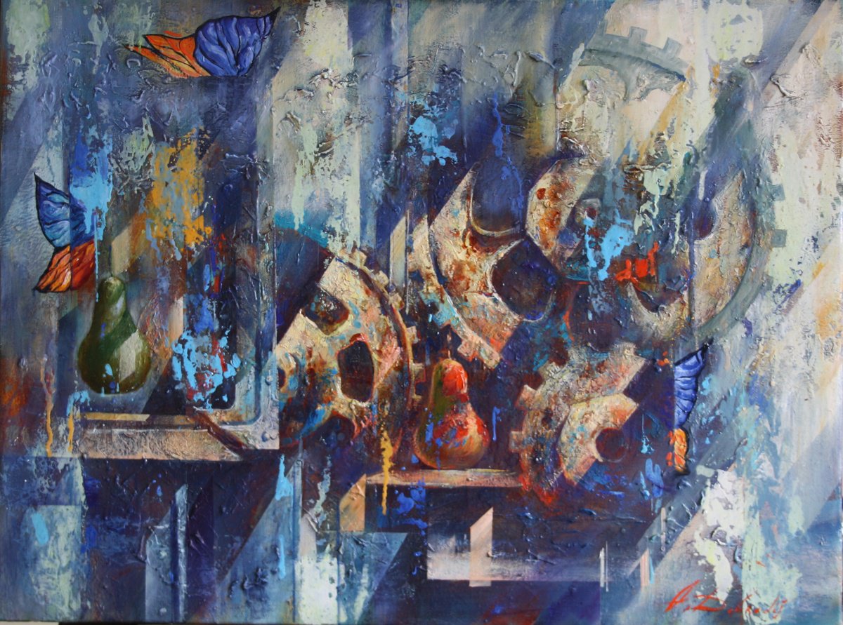 Surrealistic Still Life Oil Painting By Alexandr Dobrodiy, 31 X 24, Pear Motif, Original Artwork