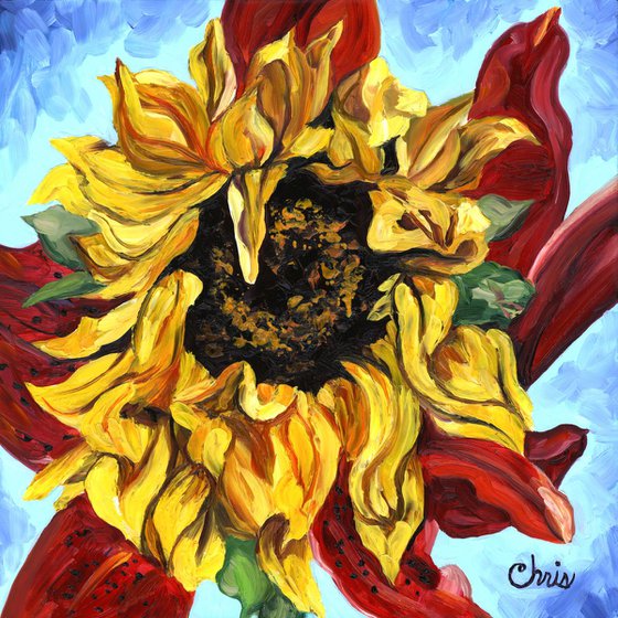 Sunflower with Red Lily Petals