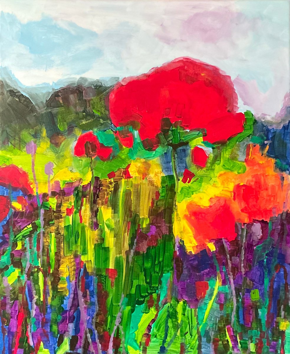 Organic Abstract Acrylic Painting By Vera Klimova, 21 X 25", Poppy Bloom, Original Artwork