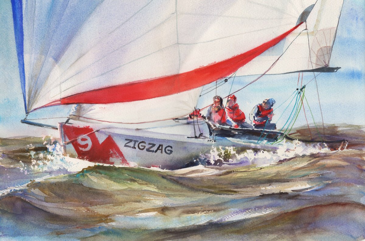 Full speed ahead! (yacht racing watercolor painting) by Irina Bibik-Chkolian