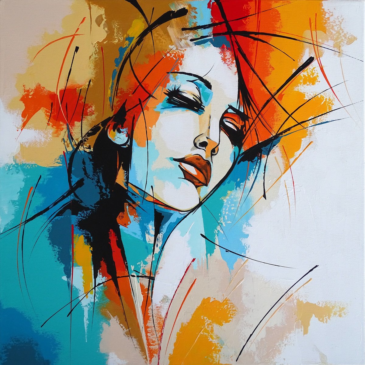 Abstract Portrait Acrylic Painting By Livien Rozen, 20 X 20", "Deepening", Original Artwork