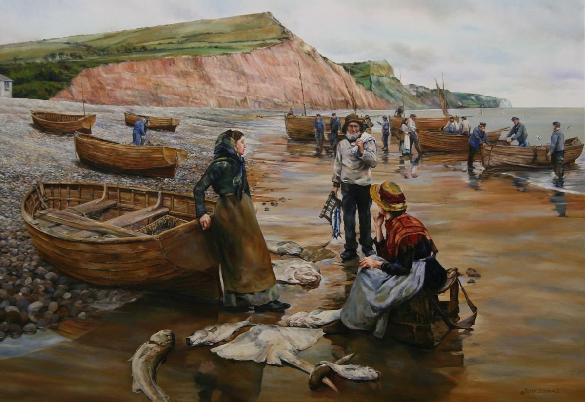 Impressionistic Landscape Oil Painting By Peter Goodhall, 47 X 34", A Fish Sale On Sidmouth Beach, Original Artwork