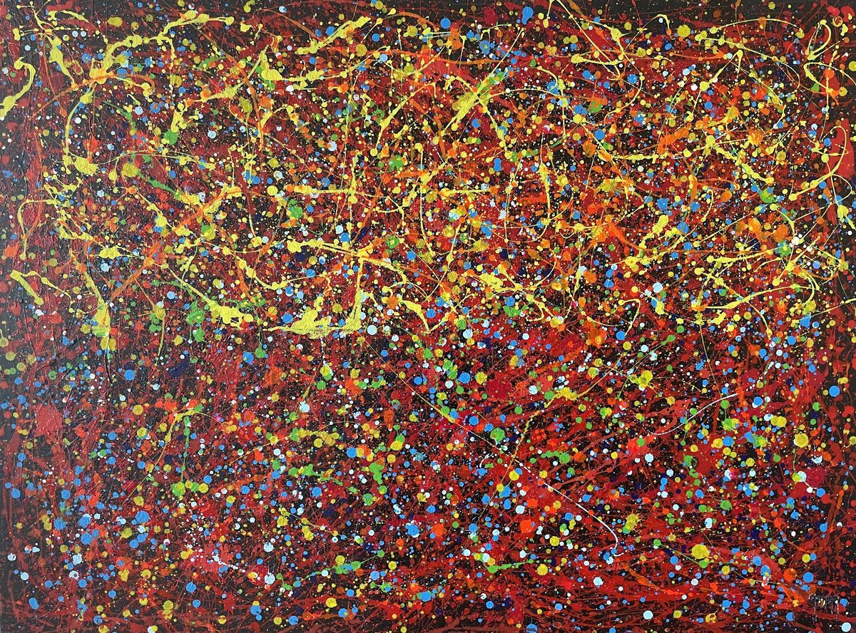 Abstract Acrylic Painting By Juan Jose Garay, 51 X 38", Red Metaverso, Original Artwork