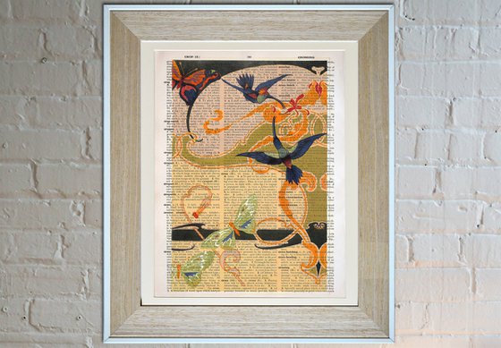 Hummingbirds, Butterflies, Art Nouveau - Collage Art Print on Large Real English Dictionary Vintage Book Page