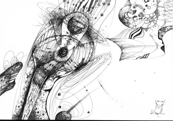 COSMIC VIBRATING LINES ETERNITY STILL LIFE ONIRIC BIZZARE ART SIGNED BY MASTER KLOSKA AFORDABLE ORIGINAL INK ON PAPER