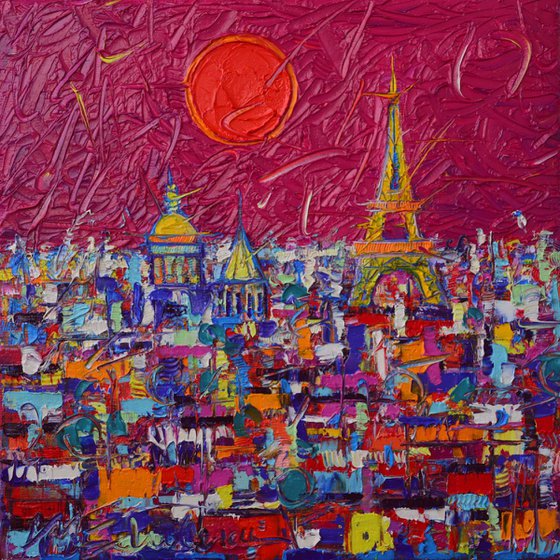 EIFFEL TOWER FULL MOON PARIS MAGENTA PINK SKY ABSTRACT CITYSCAPE impasto contemporary impressionist palette knife oil painting