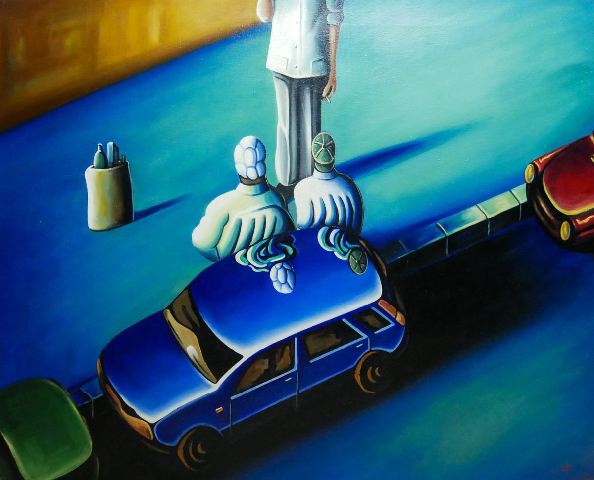Oil painting on canvas, Scene urbaine a la voiture bleue by Lionel Le Jeune