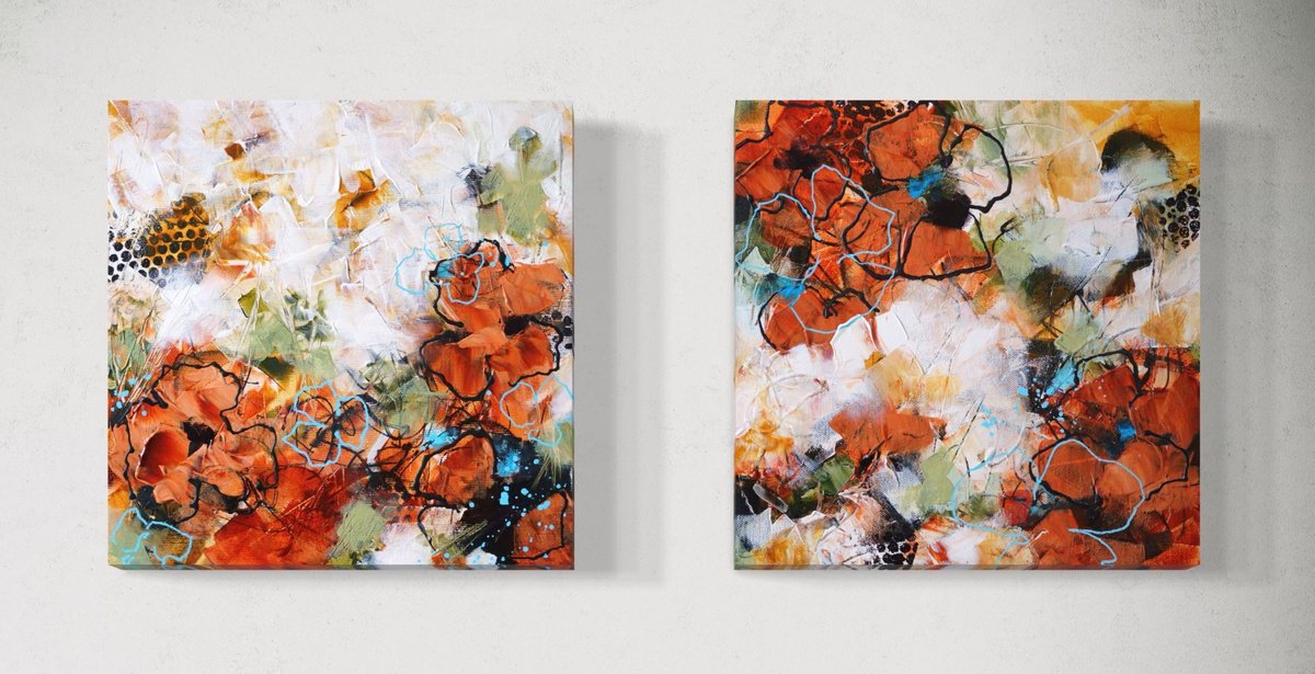 Abstract Botanical Acrylic Painting By Vera Hoi, 24 X 12", "Flowers For A Loved One", Original Artwork