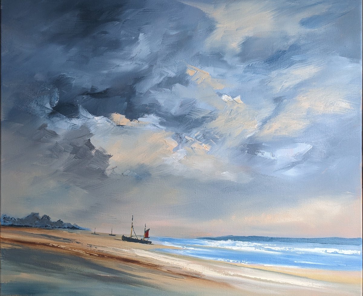 Impressionistic Landscape Oil Painting By Steve Keenan, 26 X 22", Beached Boat Norfolk, Original Artwork