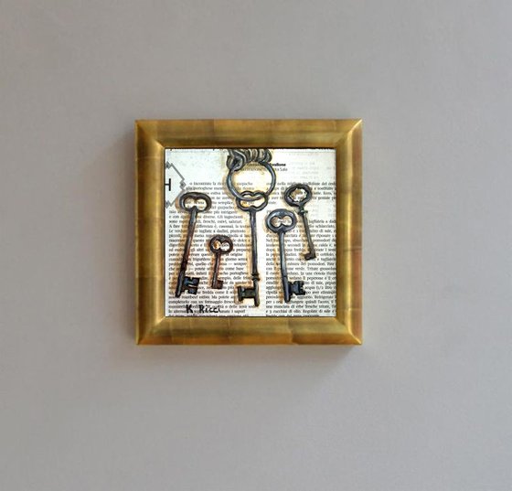 "Skeleton Keys on Newspaper" Original Oil on Canvas Painting 6 by 6 inches (15x15 cm)