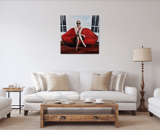 LIPS SOFA - oil painting on canvas, red lips, woman, gaze, sex, erotics, body shapes, white, red, sunglasses, office art, wall art