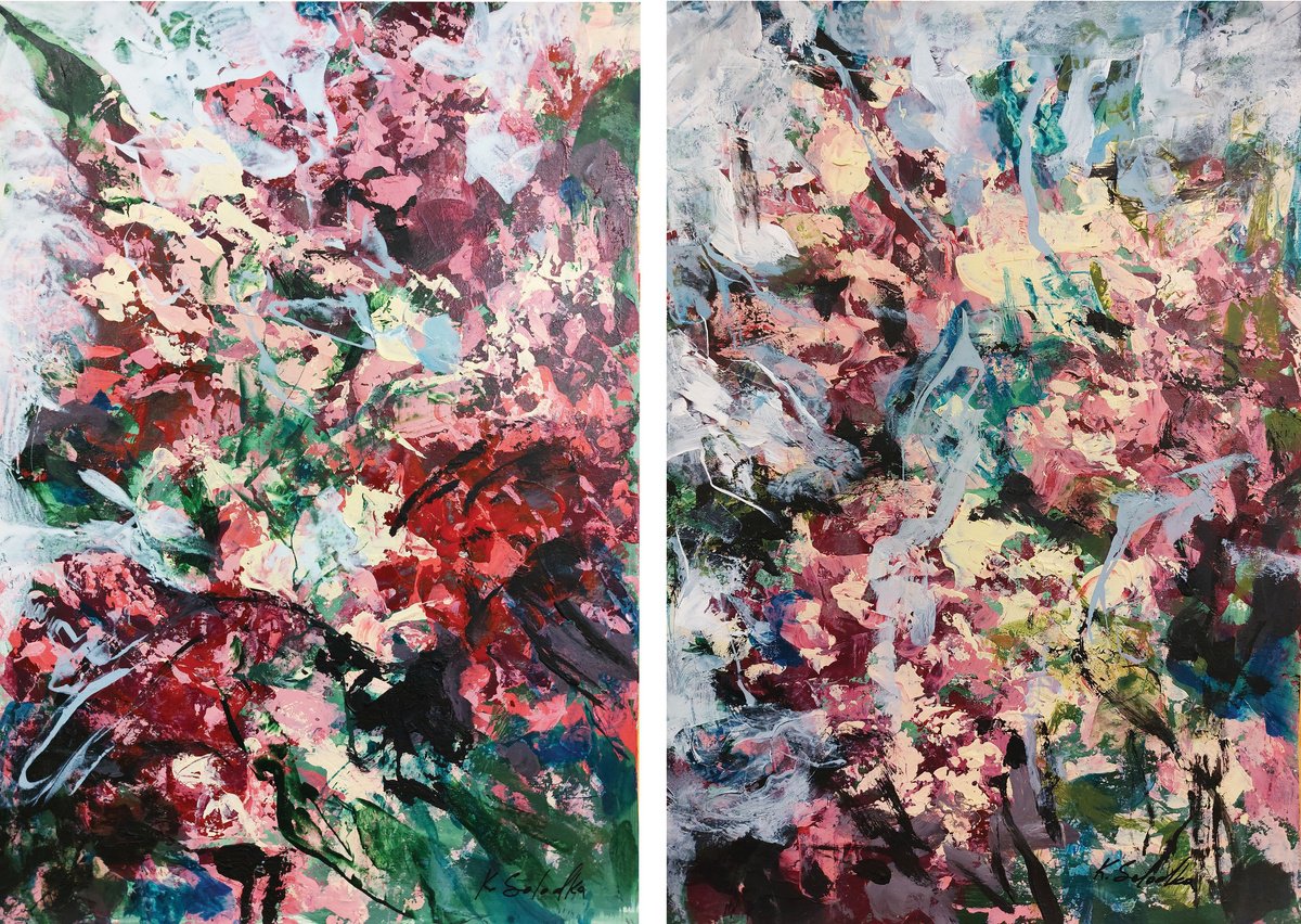 Expressive Abstract Acrylic Painting By Katia Solodka, 19 X 13", Floral Composition, Original Artwork