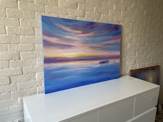 "Calm". 100x70cm. Sea. Ships at sea. Oil painting. Seascape