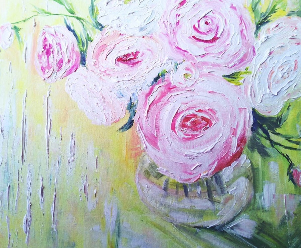 Abstract Botanical Acrylic Painting By Tetiana Pchelnykova, 14 X 12", Roses Mood Art, Original Artwork