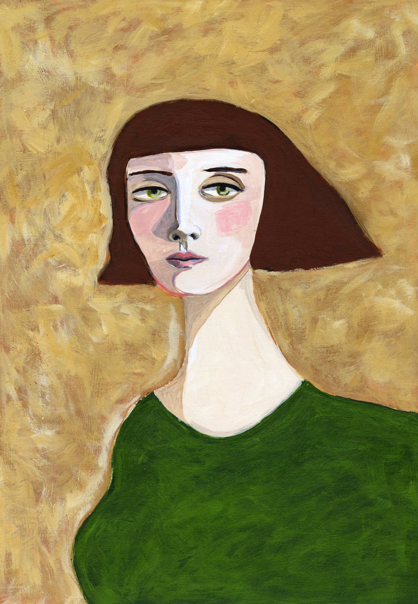 Expressive Portrait, Lady With Brown Haircut By Sharyn Bursic, 12 X 17, Artwork For Sale On Artfinder
