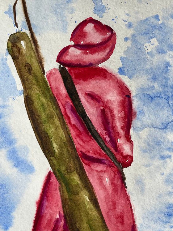 Fishing Painting Woman Original Art Pink Coat Watercolor Dog Artwork Fisherwoman Home Wall Art 8 by 12" by Halyna Kirichenko