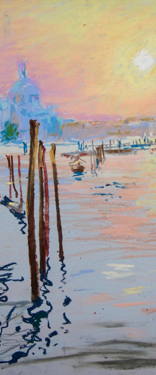 Sunset in Venice. Oil pastel painting. Small interior decor travel gift italy venice shadow original impression sunset by Sasha Romm