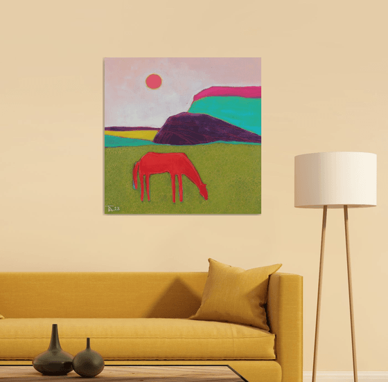 "Landscape with a red horse."