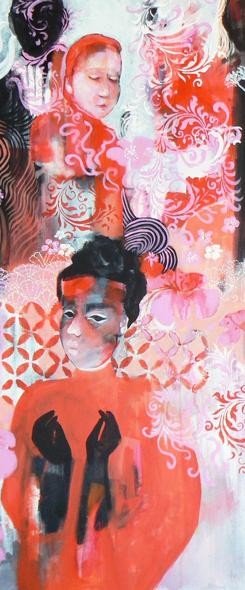 Bring Me My Shadow (Large contemporary semi figurative painting, featuring kimono and washi patterns ) by Carolynne Coulson