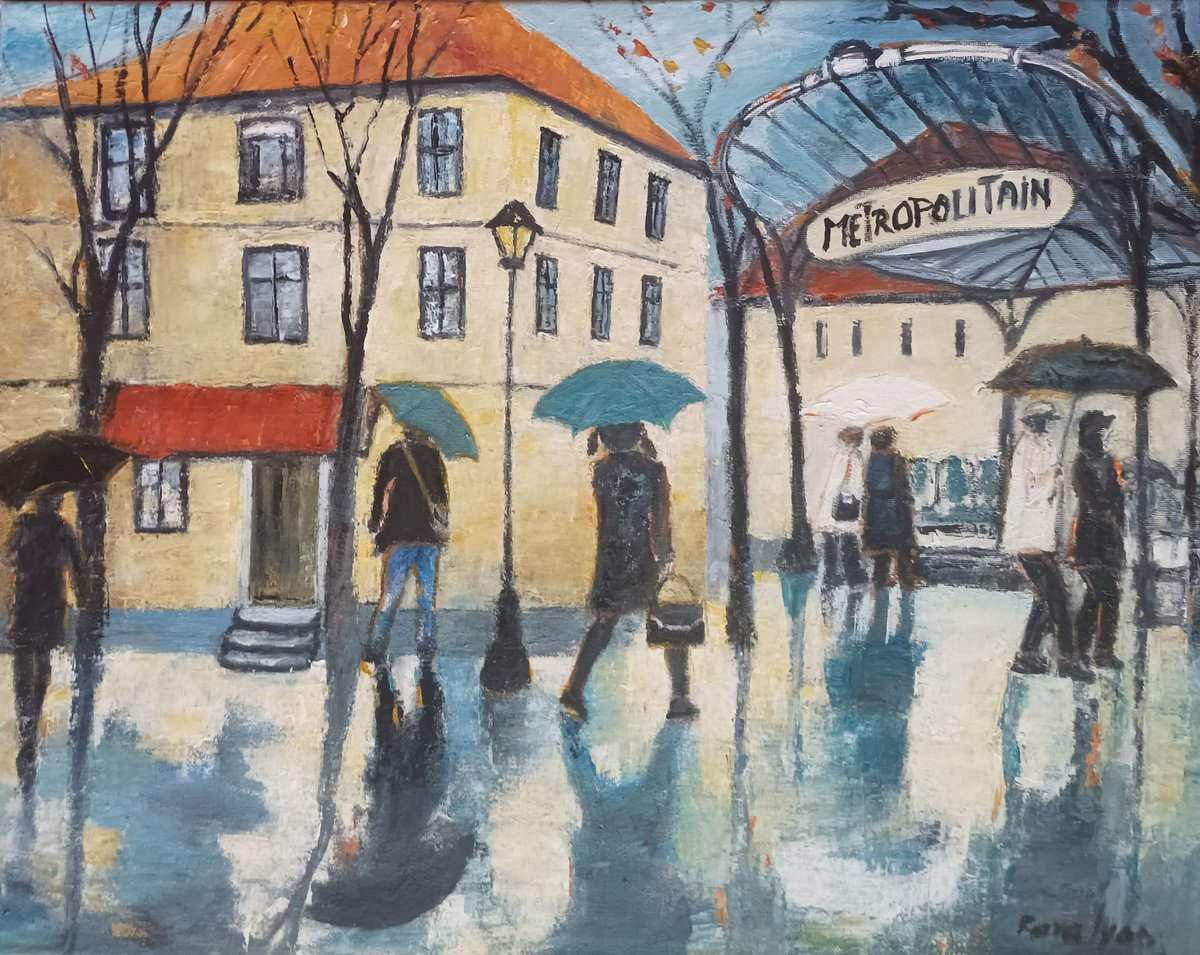 Impressionistic Cityscapes Oil Painting By Maria Karalyos, 20 X 16", Paris Under Rain, Original Artwork