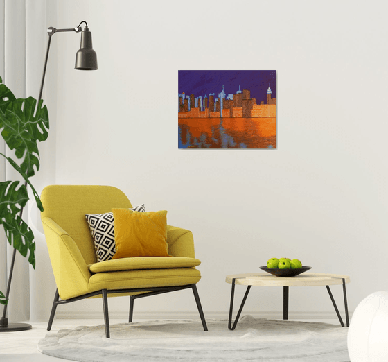 Midnight on the Hudson - New York cityscape on Hudson river evening reflections; home, office decor; gift idea