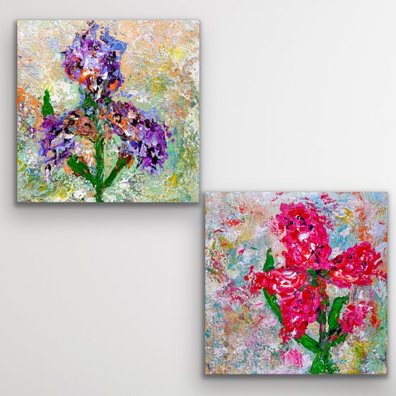 Symphony of Iris flower - Blue and Red Iris - Diptych