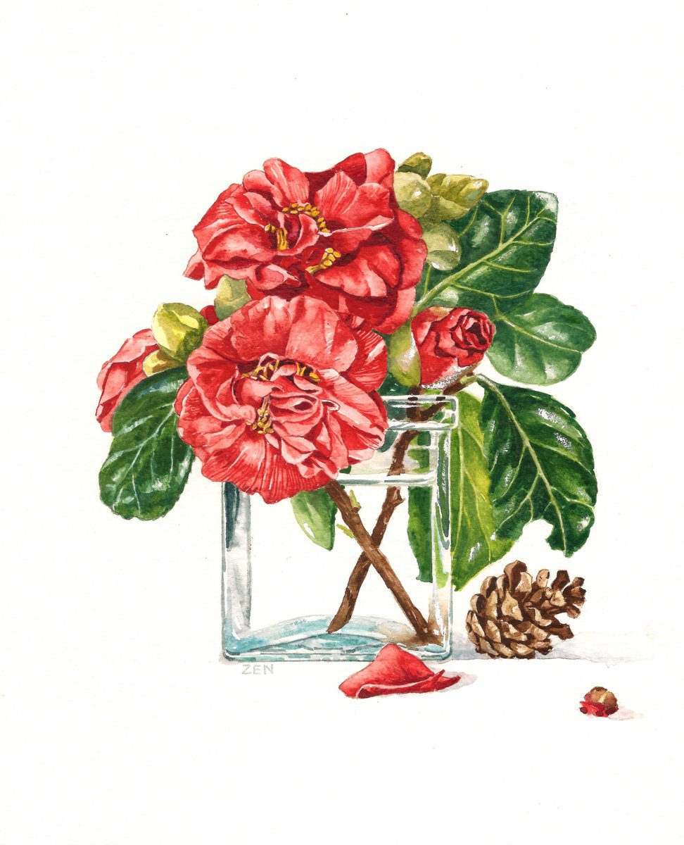 Photorealistic Watercolour , Camellia And Fir Cone By Zoe Elizabeth Norman, 9 X 10, Artwork For Sale On Artfinder