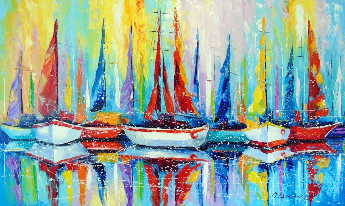 Impressionistic Transport Oil Painting By Olha Darchuk, 39 X 24", Sailboats By The Pier, Original Artwork